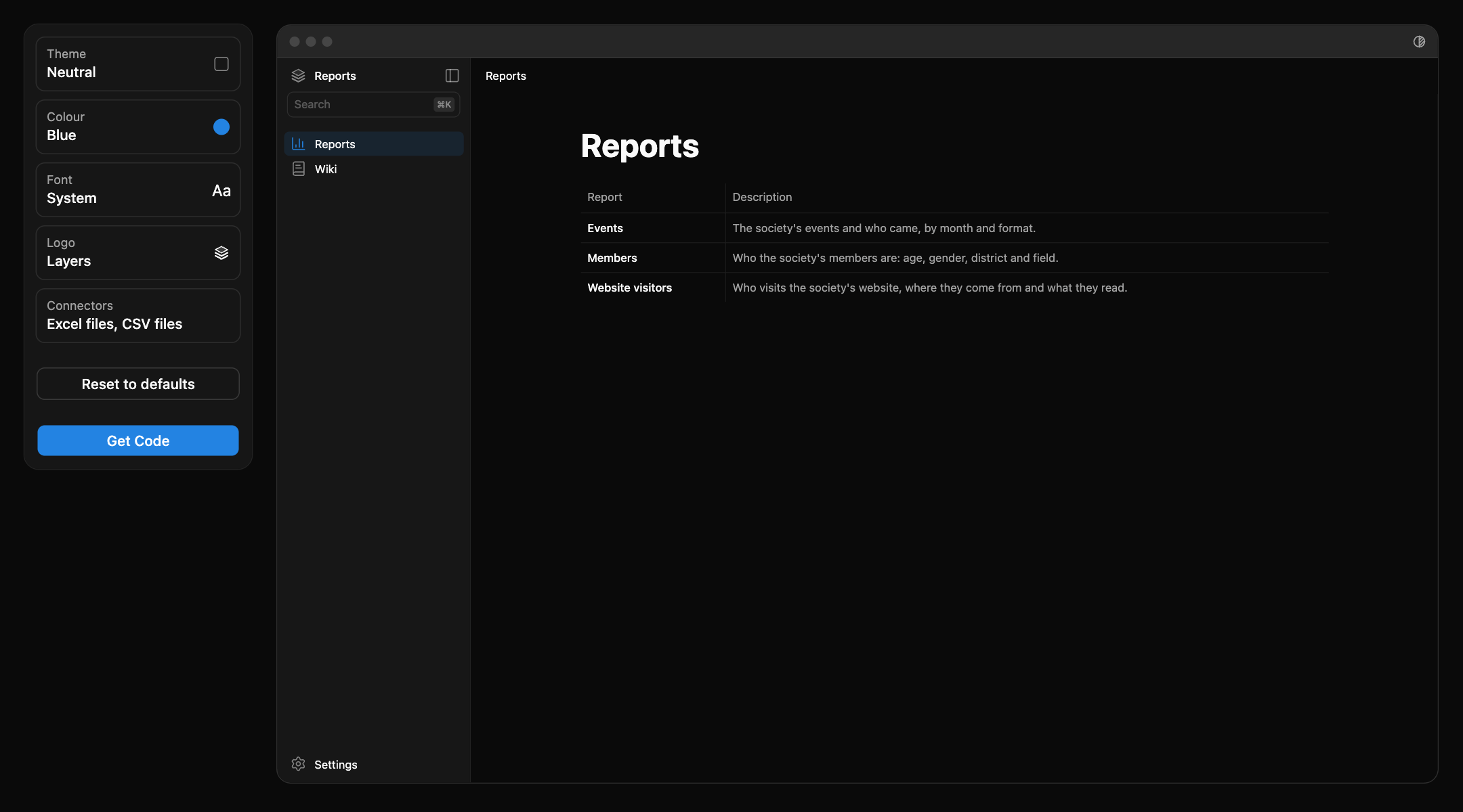 Create: the five choices on the left, and the preview of the app on the right, with its list of reports