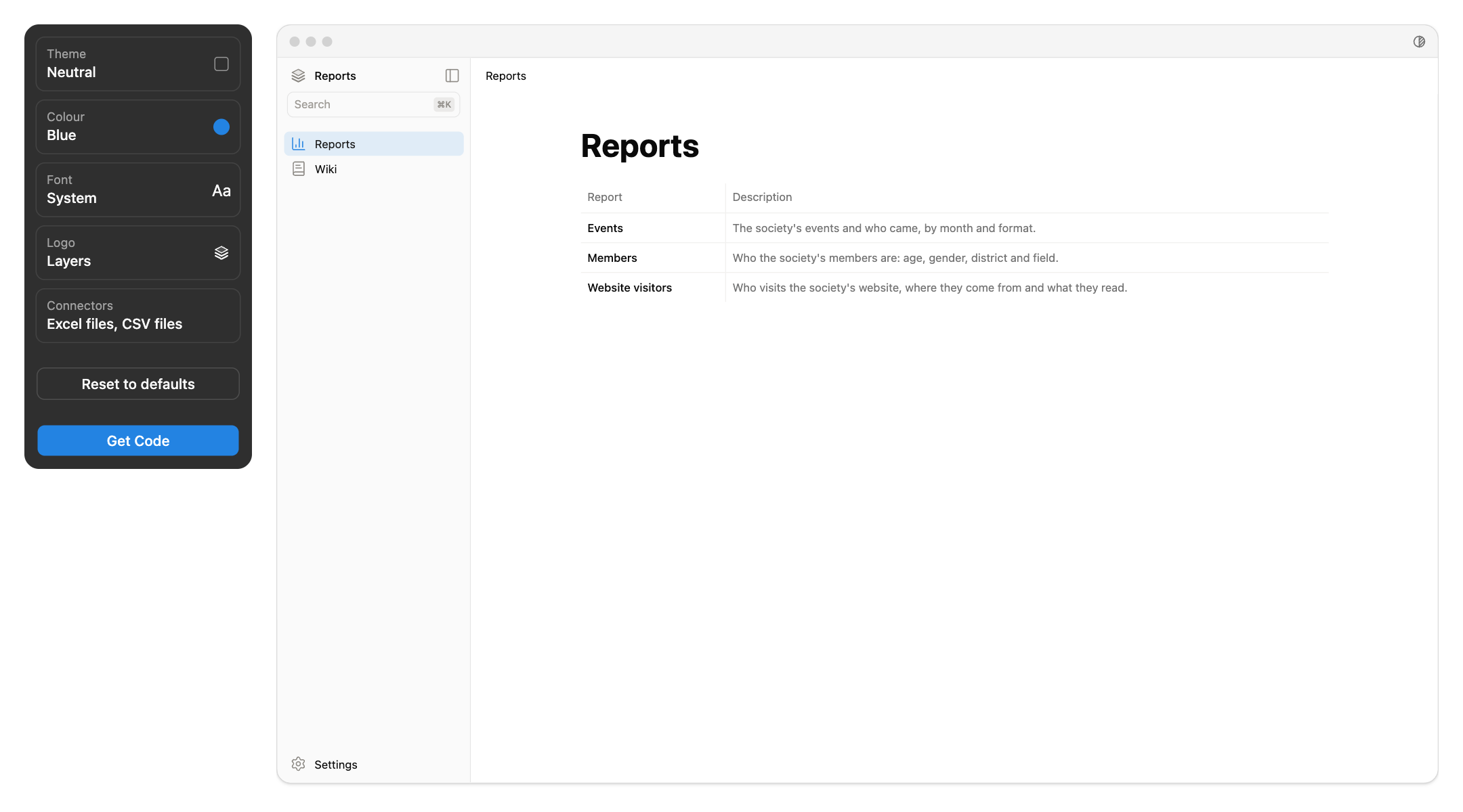 Create: the five choices on the left, and the preview of the app on the right, with its list of reports