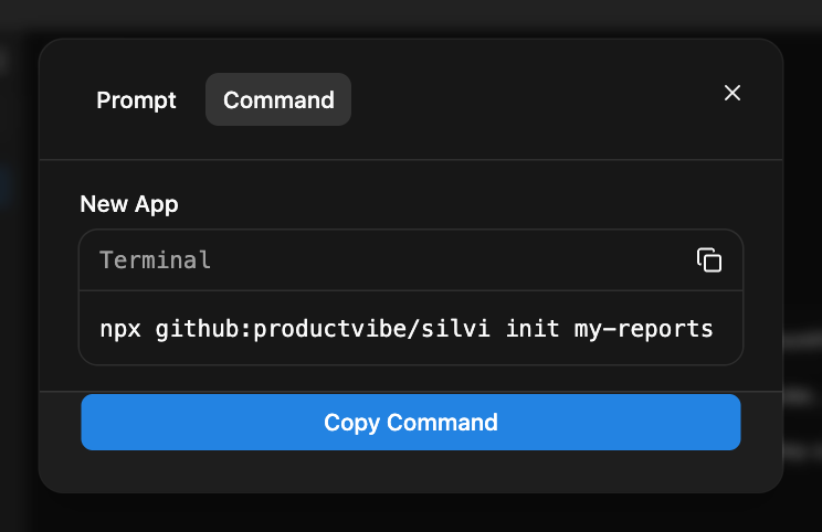 Create's Get Code dialog on the Command tab: the command that makes the app