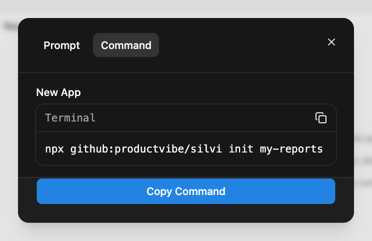 Create's Get Code dialog on the Command tab: the command that makes the app