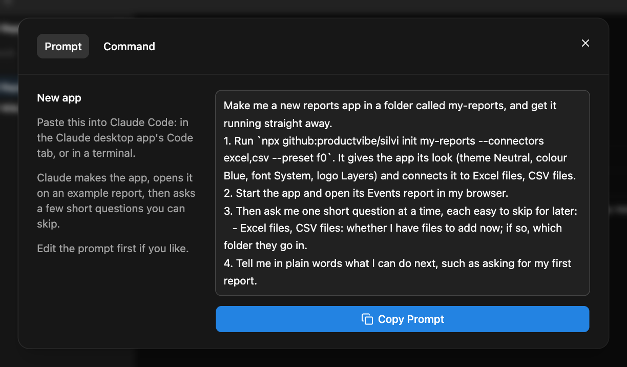 Create's Get Code dialog on the Prompt tab: the prompt to paste into Claude, and the Copy Prompt button