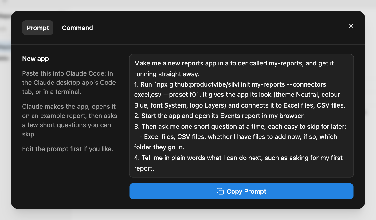 Create's Get Code dialog on the Prompt tab: the prompt to paste into Claude, and the Copy Prompt button